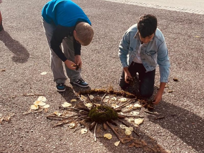 Kinder der 4a beim Legen eines Naturmandalas.